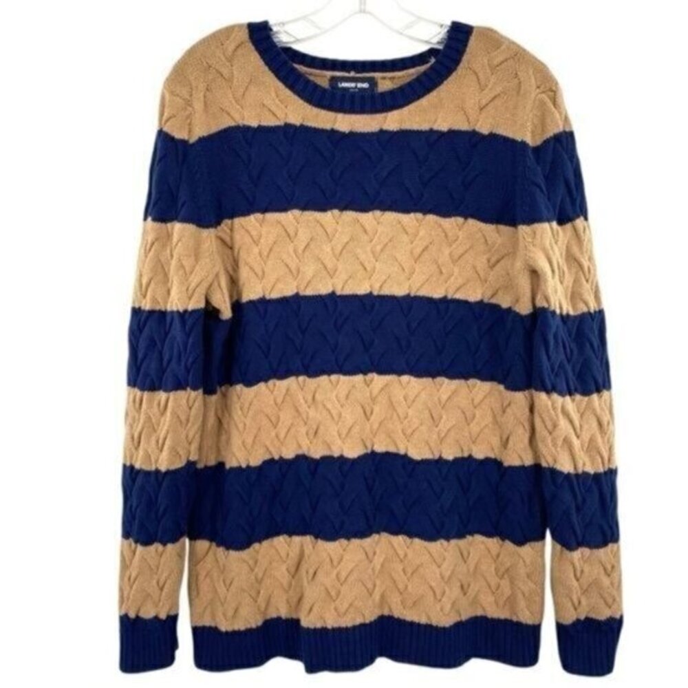 Lands’ End Drifter Cable Knit Sweater Womens Crewneck Stripe Preppy Cotton